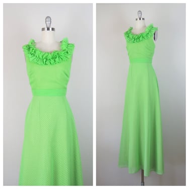Vintage 1970s maxi dress, lime green, dotted swiss, ruffle neck, Miss Elliette, size  small 