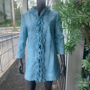 SARA CAMPBELL Vintage Silk Ruffled Trim Knee Length Jacket Coat - Blue - Size 8 