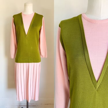 Vintage 1960s Green & Pink Wool Sweater Dress / M 