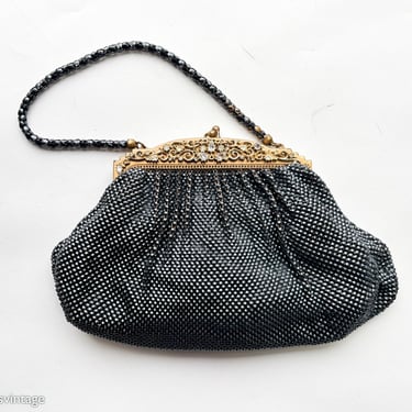 1930s Black Mesh Handbag | 30s Black Mesh Evening Bag | Whiting & Davis 