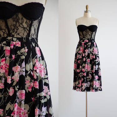 black silk skirt 90s vintage Maggy London hot pink floral silk chiffon knee length skirt 