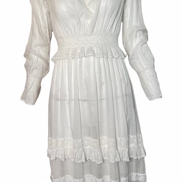 Edwardian/Early 20s White Lawn  Dress with Ruffle  and Lace Insert Detail