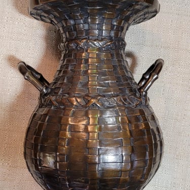 Bronze Basket Vase Weave  Japanese Early 20th Century 