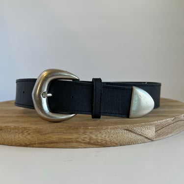 Vintage 90s Black Vegan Leather Silver Tipped Chunky Buckle Belt - XS 