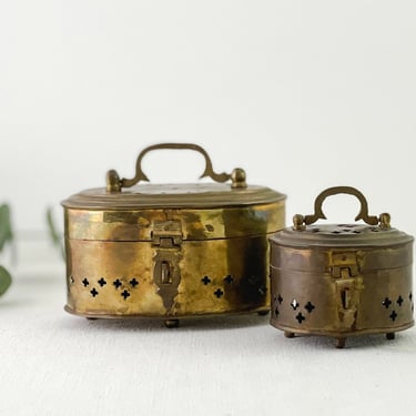 Two Vintage Brass Cricket Boxes, Pierced Metal Brass Box with Hinged Lid, Incense Burner, Jewelry Trinket Box, Boho Decor 