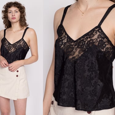 Medium 90s Victoria's Secret Black Lingerie Slip Top | Vintage Lace Trim Floral Jacquard Satin Camisole Tank 