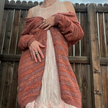 70’s/80’s vintage salmon colored disco striped lurex, wool & synthetic blend long cardigan sweater 