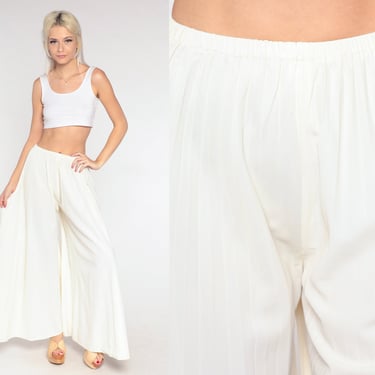 70s Palazzo Pants Off-White Pleated Wide Bell Bottoms Bohemian Hippie Trousers High Waisted Boho Festival Summer Vintage 1970s Small Medium 