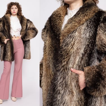 70s Striped Faux Fur Teddy Bear Coat - Large | Vintage Old Hollywood Glam Oversize Winter Jacket 