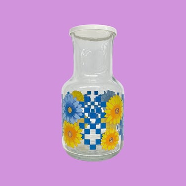 Vintage Juice Carafe Retro 1980s Anchor Hocking + Clear Glass + Blue + Yellow + Daisy Flowers + Plastic Lid + Serving Cold Drinks + Kitchen 