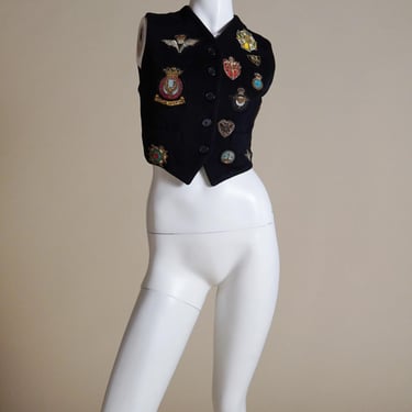 F/W 1992 Dolce & Gabbana rare runway documented black wool vest with metallic military style patches 