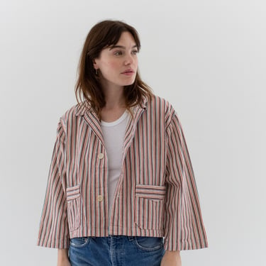 Vintage Brown Red Blue Flannel Striped Crop Shirt Jacket | Unisex Stripe Cotton Pajama Chore | M | SCJ001 