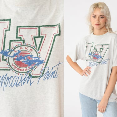 90s Lake Vermilion Shirt Minnesota Shirt Vintage Moccasin Point TShirt 90s T Shirt 1990s Retro Heather Grey Fruit of the loom Large L 