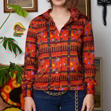 Vintage 70s Red Graphic Long Sleeve Blouse – Gucci-Inspired Print 