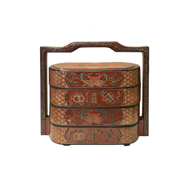 Chinese Brick Red Lacquer Color Treasure Graphic Stack Box Basket ws3917E 