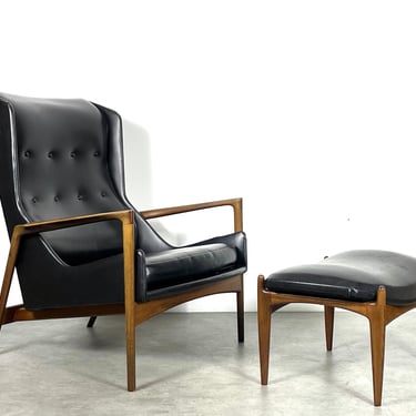 Vintage Ib Kofod Larsen Wingback Lounge Chair and Ottoman 1950s 