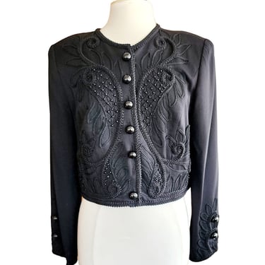 Vintage 80s Black Cropped Blazer Embroidered Beaded Marie St Claire 