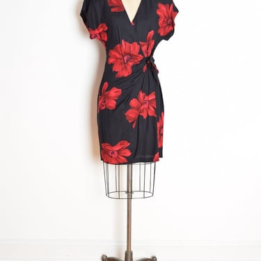 vintage 90s dress black red floral POPPY print faux-wrap rayon grunge mini M clothing 