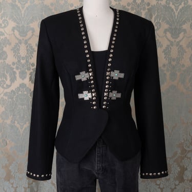 AMAZING Double D Ranchwear Studded Black Wool Jacket with Silver Tone and Faux Turquoise Embellishments 