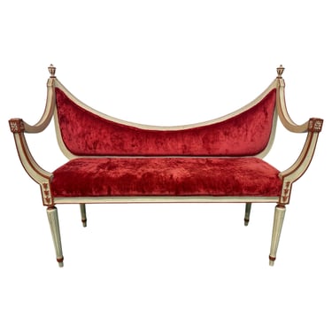 Vintage Art Nouveau Louis XVI Style Red Upholstered Settee 