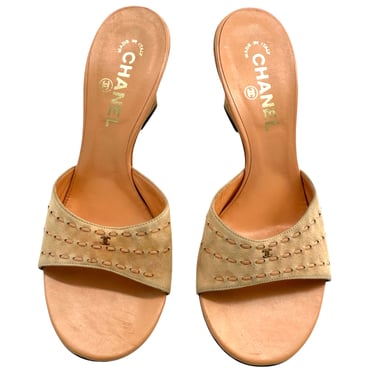 Chanel Y2K Peachy Pink Suede Wedge Sandalsxx