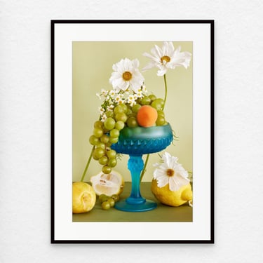 Archival Framed Photo: Still Life With Blue Bowl and Fruit, Archival Pigment Print, Non-Glare Acrylic, Original Art. Size is 11x15 inches. 