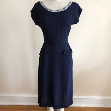 Navy Blue Dress with Polka Dot Contrast - 1940s 