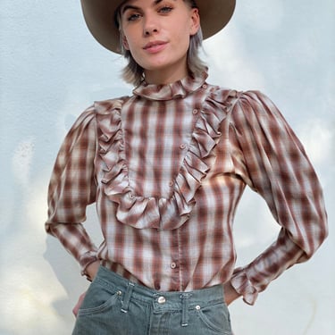 1970's Western Plaid Blouse / Frilly Yoke Western Cotton Shirt / 1970's High Neckline Shirt with Mutton Sleeves 