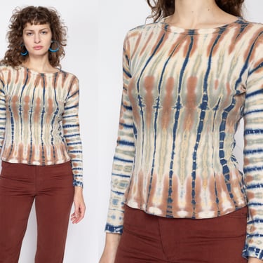 Small 90s Earth Tone Shibori Tie Dye Shirt | Vintage Grass Raggs Long Sleeve Ribbed Cotton Top 