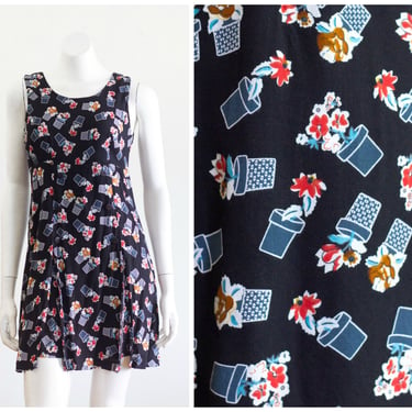 1990s romper dress with novelty print of flower pots 
