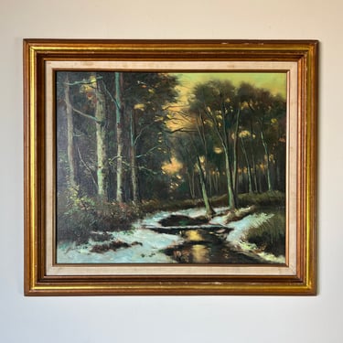 Vintage Woodland Winter Landscape Oil Painting, Framed 