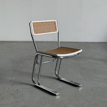 Vintage Chromed Cantilever Dining Chair in Wood, Wickered Cane and Chrome in the Style of Marcel Breuer, Mid-Century Modern, 1970s Italy 