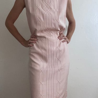 vintage pink 1960s geometric embroidered cocktail dress 