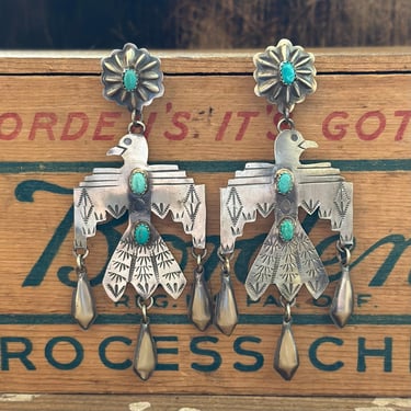 THUNDERBIRD LJC Sterling Silver and Turquoise Navajo Statement Earrings| Fred Harvey Era Style Bird Dangle Earrings | Native American Navajo 