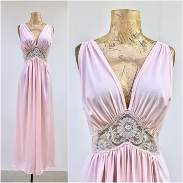 Vintage 1970s Goddess Peignoir, Mid-Century Gotham Lingerie Peach Nylon Tricot/Lace Sleeveless Bias Cut Nightgown, 34