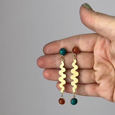Squiggle Earrings with Chrysocolla and Goldstone in brass and 14k gold filled stud dangle party earrings 