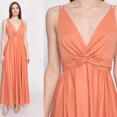 70s Grecian Peach Maxi Gown - Small | Vintage Low Back V Neck Spaghetti Strap Disco Party Dress 