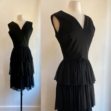 Vintage 50s 60s COCKTAIL Dress / Party Dress / Little Black Dress / CHIFFON Tiered Ruffles + Bow + V-Neck / S 