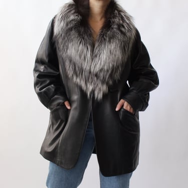 Vintage Fur Lapel Leather Coat