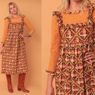 Vintage 1970s Yellow Floral Red Plaid The Fool Style Ruffled Prairie Cottagecore Midi Dress 