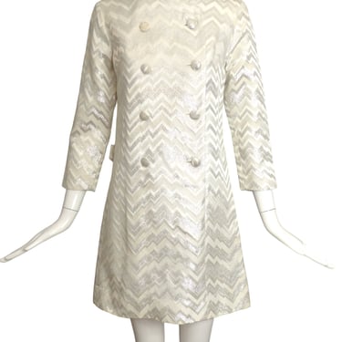 1960s Silver & White Brocade Coat Dress, Size-4