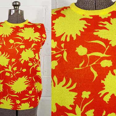 Vintage Orange Yellow Floral Muscle Tank Summer Sleeveless Knit Shirt Top Miss Scotch English 1960s 60s Medium Large 