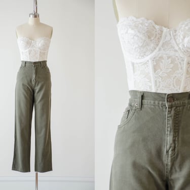 high waisted jeans | 90s vintage Bill Blass dark olive green relaxed fit straight leg boyfriend mom jeans 31x29 