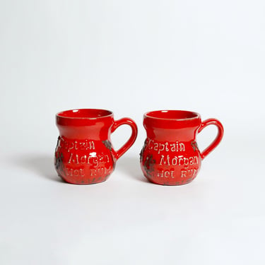 MCM Mugs, Captain Morgan Rum, Laurentian Pottery Red Lava Glaze, Set of 2, Made in Canada, Vintage 1970’s 