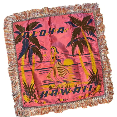 Vintage 1940s Pink Satin + Fringe Aloha Hawaii Souvenir Decorative Pillow 