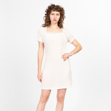 Medium 90s White Square Neck Slinky Mini Dress | Vintage Eyelet Trim Short Sleeve Stretchy Grunge Dress 