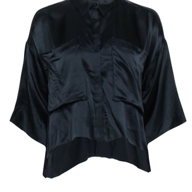 One Teaspoon - Black Silk Crop Sleeve Button Front Top Sz S