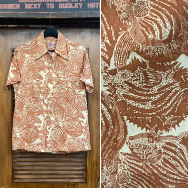 Vintage 1940’s -Deadstock- Underwater Fish Cotton Tiki Loop Collar Hawaiian Shirt, Never Worn, 40’s Vintage Clothing 