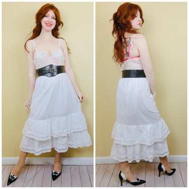 1980s Drei Zinnen White Cotton Ruffled Skirt / 80s Prairie Eyelet Lace Midi Skirt / Size Small - Large 