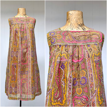 Vintage 1960s Paisley Sheath Dress, 60s Cotton-Blend Voile Shift, Mid-Century Sleeveless House Dress, Large 44" Bust 